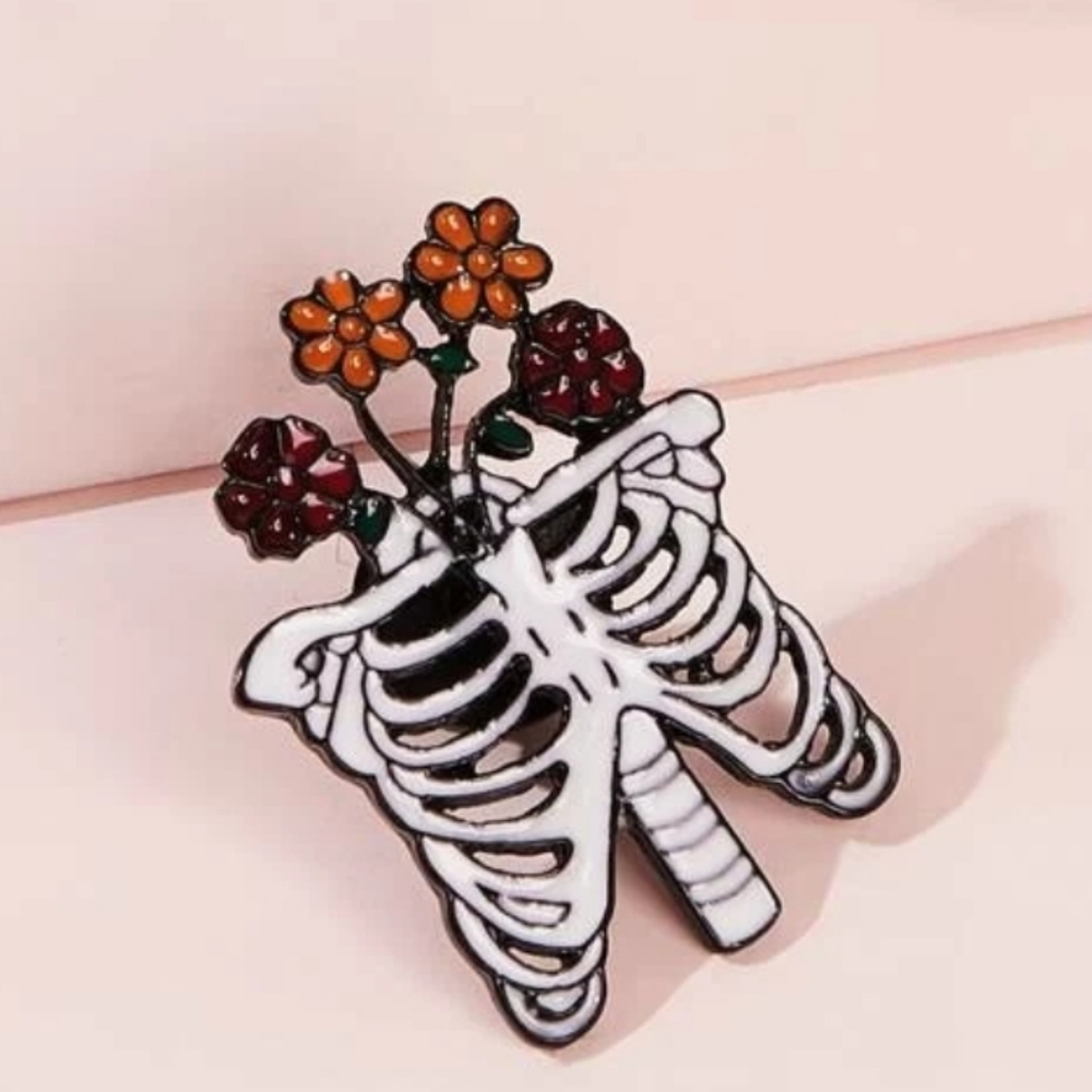 Skeleton and Flower Bouquet Pin